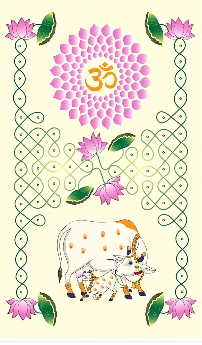 Backdropon Kamdhenu with Lotus Flower and Om Design Backdrop Cloth for Pooja Decoration Traditional Background Curtain Cloth for Festival Size 8 Feet Height and 5 Feet Width(8 * 5) - Image 1