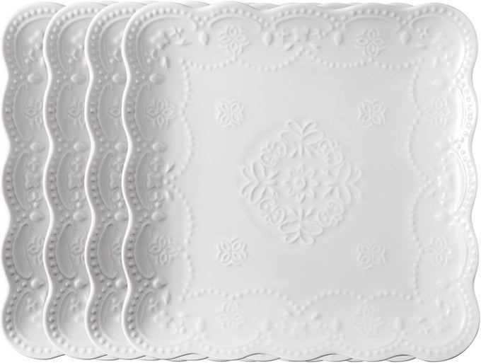 SET OF 4SQUARE EMBOSSED LACE CERAMIC PLATEDINNER PLATE SET PASTASALADDESSERT PLATE DISHWASHER MICROWAVETABLEWARE SET FOR RESTAURANT FAMILY PARTY KITCHEN USE WHITE 10 INCHES