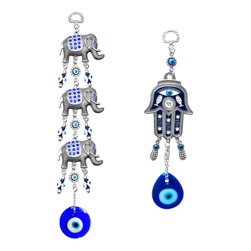 Persofine Blue Evil Eye Hanging Decoration Nazar Amulet Wall Hanging Home Protection and Blessing Decor (Elephant+Hamsa) - Image 1