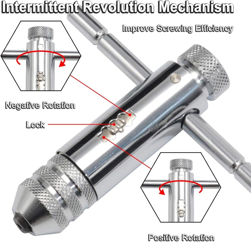 KOOTANS Ratchet T Handle Tap Wrench + 5pcs M3 M4 M5 M6 M8 Machine Screw Metric Thread Milling Plug T-shape Taps Set, Both Way Hand Tap Set Adjustable Manual Tapping Tool Kit for Home Use (Short) - Image 4