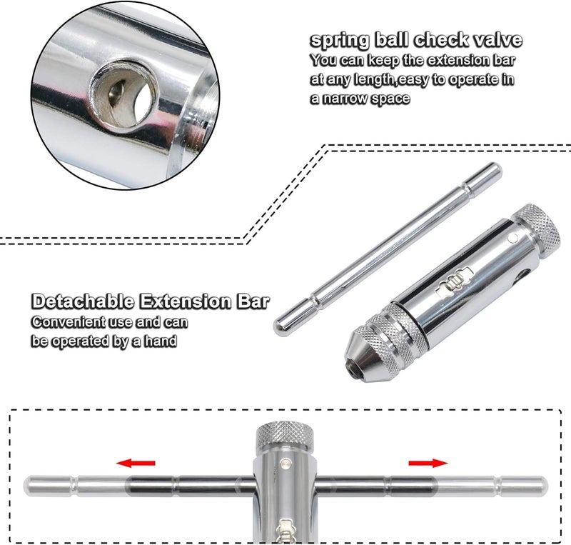 KOOTANS Ratchet T Handle Tap Wrench + 5pcs M3 M4 M5 M6 M8 Machine Screw Metric Thread Milling Plug T-shape Taps Set, Both Way Hand Tap Set Adjustable Manual Tapping Tool Kit for Home Use (Short) - Image 5