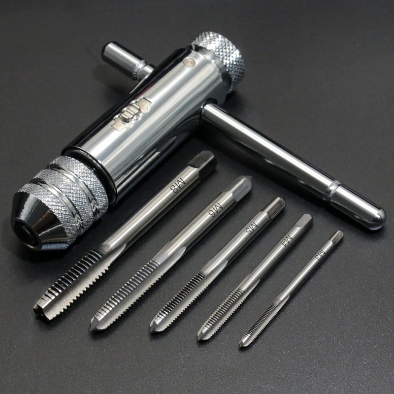 KOOTANS Ratchet T Handle Tap Wrench + 5pcs M3 M4 M5 M6 M8 Machine Screw Metric Thread Milling Plug T-shape Taps Set, Both Way Hand Tap Set Adjustable Manual Tapping Tool Kit for Home Use (Short) - Image 1