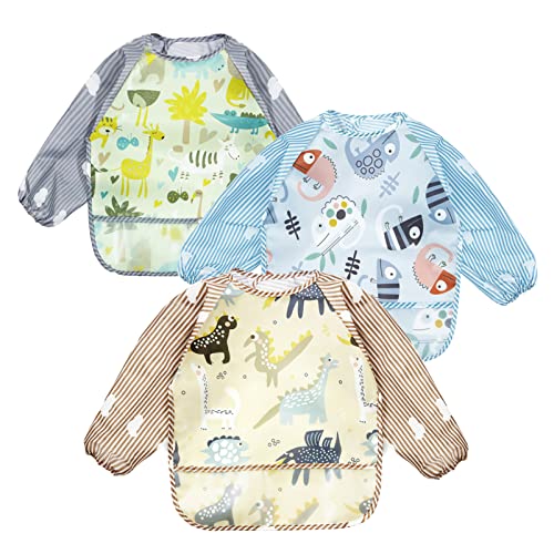 PandaEar 3 Pack Long Sleeve Bibs Waterproof Full Sleeve Bib for Baby Infant Toddler 636 Months Lizard - Image 1