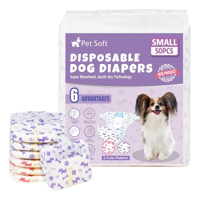Pet Soft Female Dog Diapers Disposable Doggie Diapers with Wetness Indicator Puppy Cat Diaper Super Absorbent Fit for Female Dog in Heat or Incontinence 50pcs S Mixed
