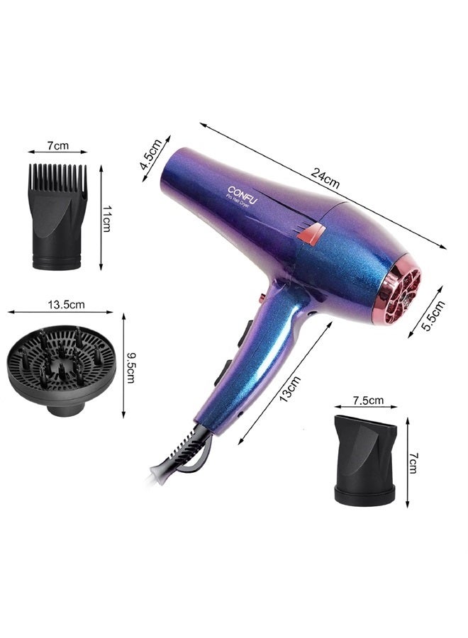 Professional Hair Dryer, Compact Blow Dryer, Negative Ionic Hair Dryer with Diffuser and Concentrator, for Quick Drying, ETL Certified, Purple