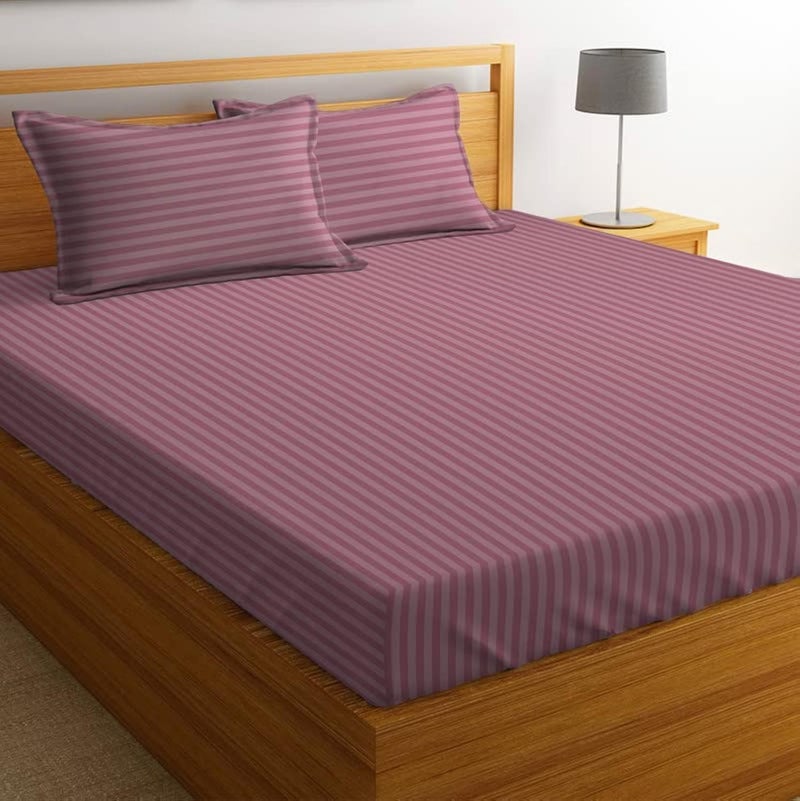 VAS COLLECTIONS 210 TC Pure Cotton Satin/Stripe King Bedsheet with 2 King Size Pillow Covers | Double Bed Cotton | Size - King Size 90x100 inches - Onion - Image 1