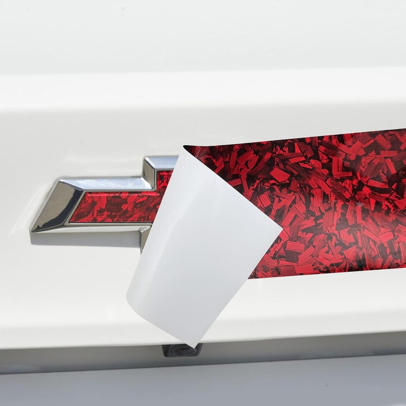 BLAKAYA Compatible with 11.8" x 4" Bowtie Emblem Wrap Kit for Chevy Logo Overlay Vinyl Wrap with Spatula and Cutter 3 Pcs Red Forged Carbon Fiber - Image 4