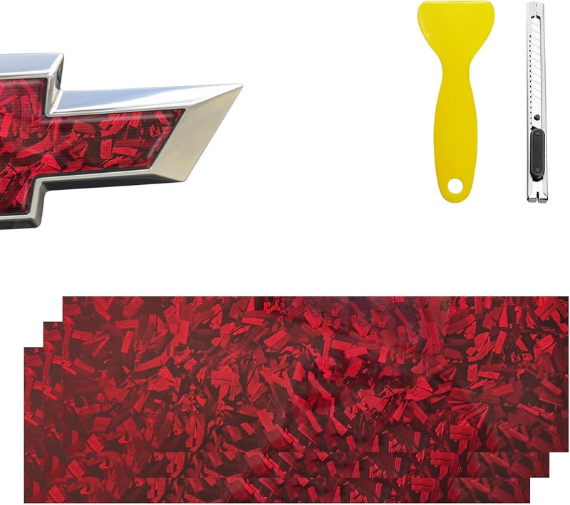 BLAKAYA Compatible with 11.8" x 4" Bowtie Emblem Wrap Kit for Chevy Logo Overlay Vinyl Wrap with Spatula and Cutter 3 Pcs Red Forged Carbon Fiber - Image 1
