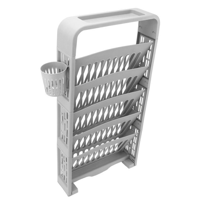 Classroom Bookshelf: 6 Tier Grey Large Capacity - Sturdy PP ABS Material With Rollers And Cup Holder Deskside Storage Rack for Student Classroom Organization - Image 3
