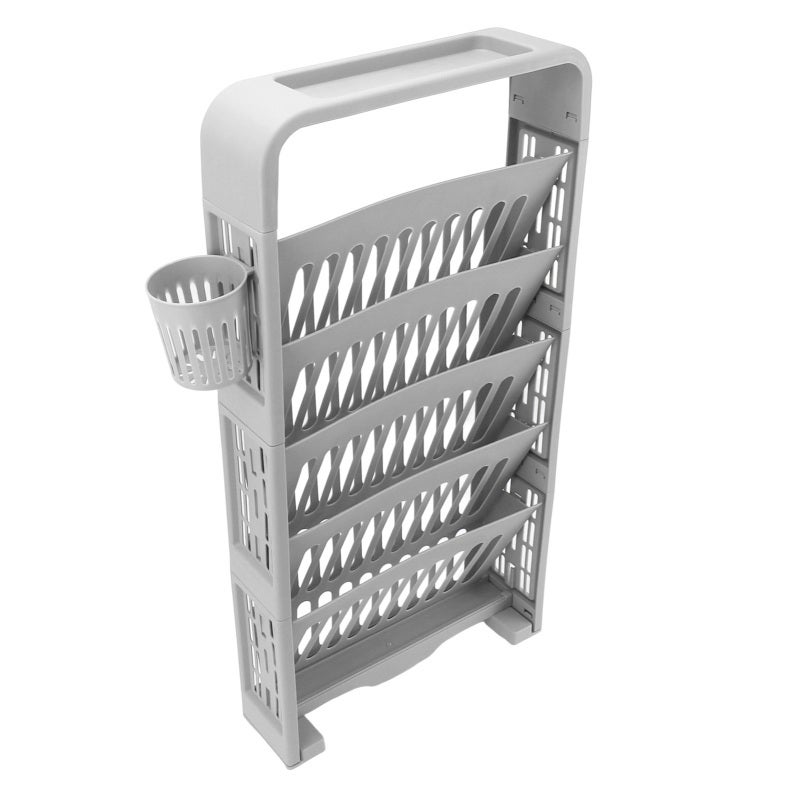 Classroom Bookshelf: 6 Tier Grey Large Capacity - Sturdy PP ABS Material With Rollers And Cup Holder Deskside Storage Rack for Student Classroom Organization - Image 2