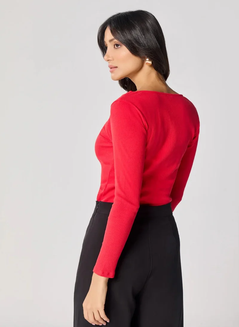 Zigzag Long Sleeve Red Rib Top