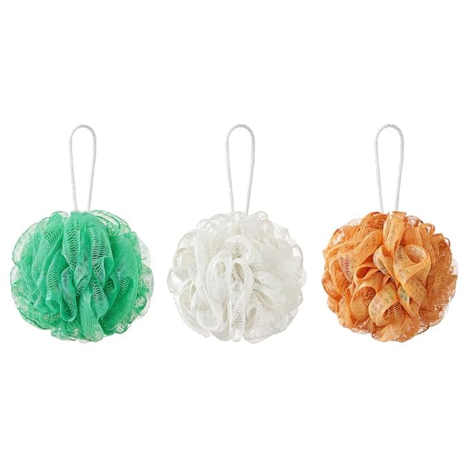 Body Puff, Set of 3, Orange/Green/White, Bath Sponge - Image 1
