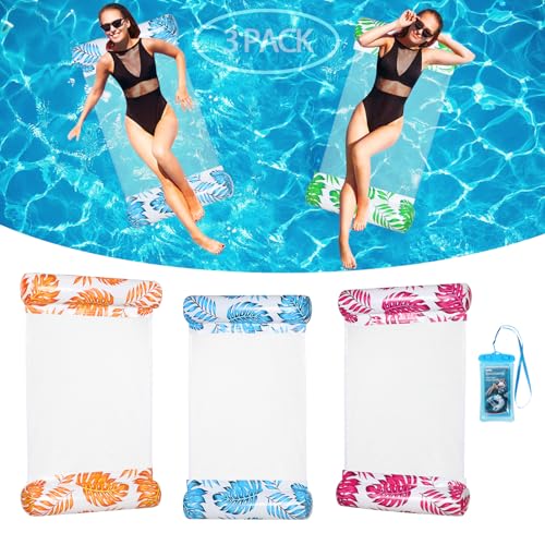 Auspicious Rain 3Pack Leaf Pattern Pool Hammock Heavy Duty 4in1 Water Float HammockSaddleLounge ChairDrifter with Cup Holder Waterproof Phone Pouch Beach Lake River Summer Fun Durable - Image 1