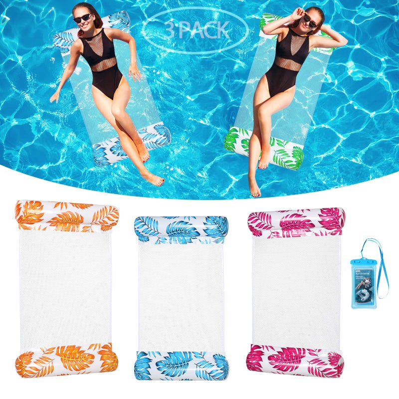 Auspicious Rain 3Pack Leaf Pattern Pool Hammock Heavy Duty 4in1 Water Float HammockSaddleLounge ChairDrifter with Cup Holder Waterproof Phone Pouch Beach Lake River Summer Fun Durable - Image 2