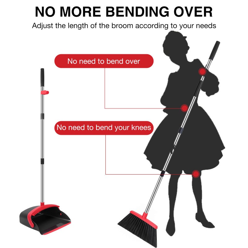 Nacena Broom And Dustpan Set  52-In Long Adjustable Handle Broom Dustpan Combo With Dustpan Teeth To Automatically Clean Hair Suitable For Home Kitchen Office Hall Floor(Black&Red) - Image 3