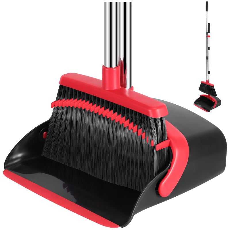 Nacena Broom And Dustpan Set  52-In Long Adjustable Handle Broom Dustpan Combo With Dustpan Teeth To Automatically Clean Hair Suitable For Home Kitchen Office Hall Floor(Black&Red) - Image 1