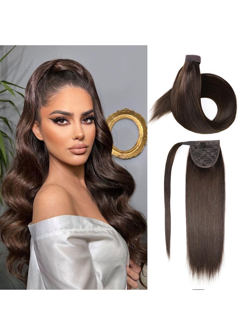 JIAMEISI - JIAMEISI Ponytail Extension Human Hair Wrap Around Clip in Hair Piece Ponytail Extension Human Hair Straight Ponytail Hair Extensions with Magic Paste 70G 16 Inch #2 Darkest Brown - Image 1