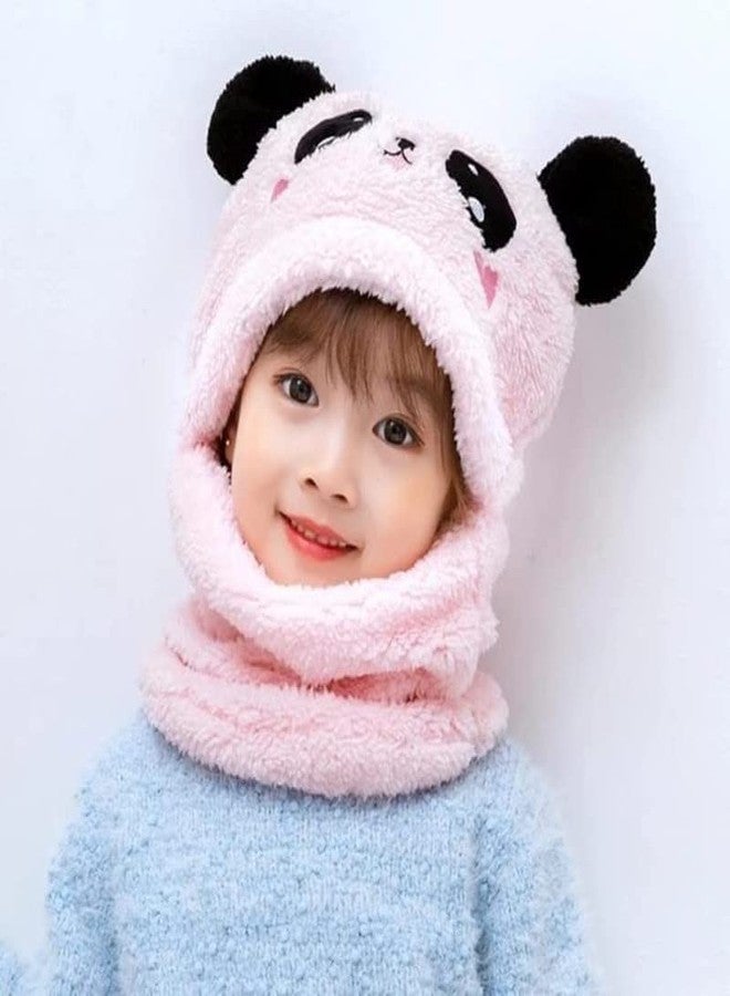 JMP Cute Panda Cartoon Monkey Cap for Girls and Boys (Pack of 1) | Age - 6 Years to 12 Years |Free Size | Plush Wool | Winter Cap | Neck Scarf (Pink Color) - Image 2
