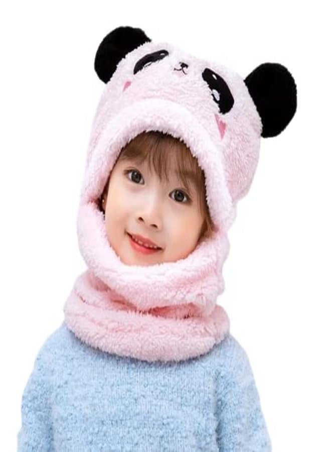 JMP Cute Panda Cartoon Monkey Cap for Girls and Boys (Pack of 1) | Age - 6 Years to 12 Years |Free Size | Plush Wool | Winter Cap | Neck Scarf (Pink Color) - Image 1