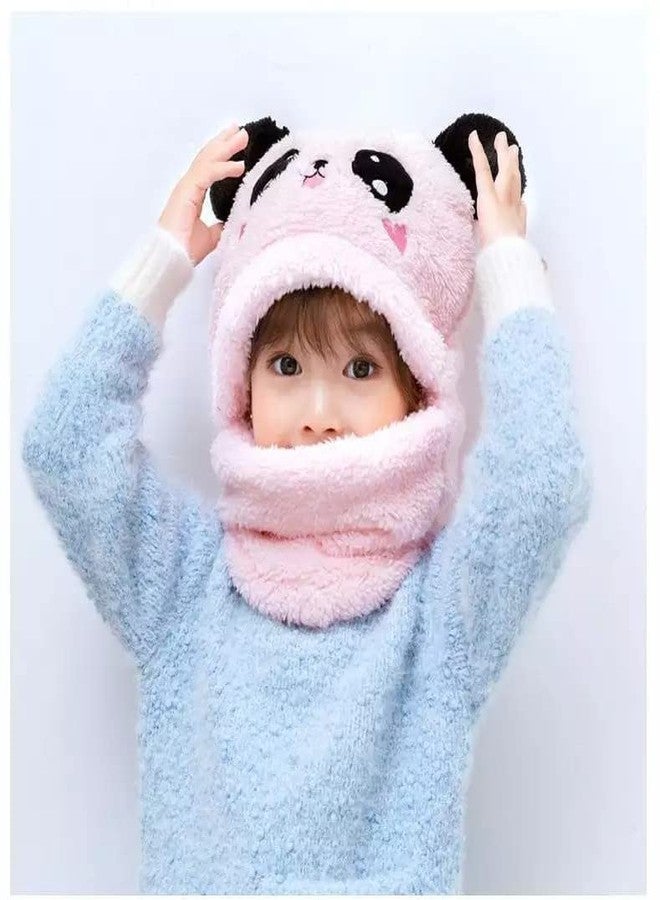 JMP Cute Panda Cartoon Monkey Cap for Girls and Boys (Pack of 1) | Age - 6 Years to 12 Years |Free Size | Plush Wool | Winter Cap | Neck Scarf (Pink Color) - Image 3