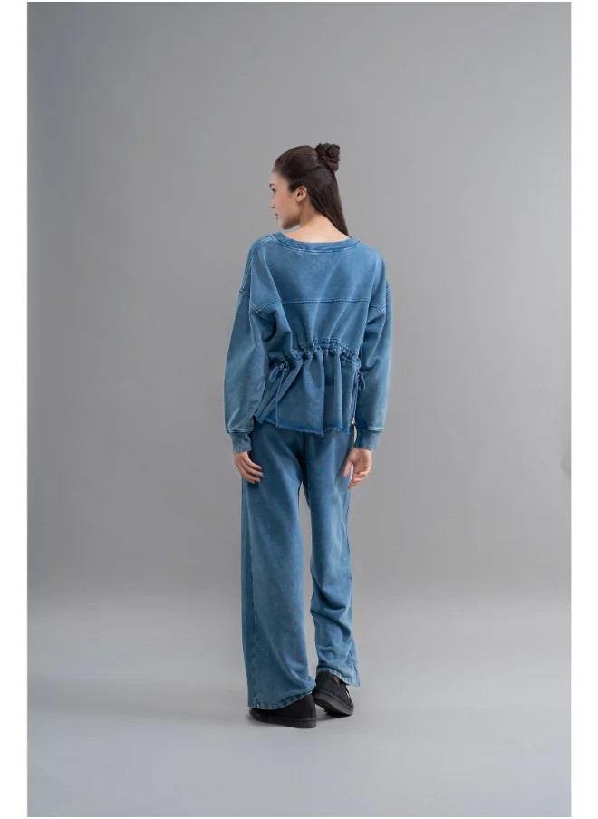 NeceSera Denim Wash 100% Cotton Terry Ruched Sweatshirt