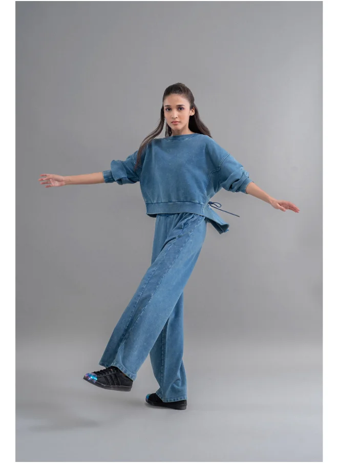 NeceSera Denim Wash 100% Cotton Terry Ruched Sweatshirt