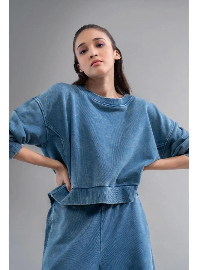 NeceSera Denim Wash 100% Cotton Terry Ruched Sweatshirt