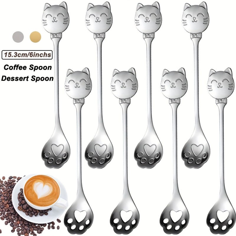 8 Pieces Golden Stainless Steel Coffee Spoon Set Creative Cat Paw Scoop And Slotted Spoon Tea Spoon Dessert Spoon Wedding Favors High End Tableware Suitable For Valentine Thanksgiving Christmas New Year High End Restaurants - Image 1