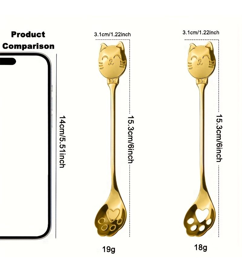 8 Pieces Golden Stainless Steel Coffee Spoon Set Creative Cat Paw Scoop And Slotted Spoon Tea Spoon Dessert Spoon Wedding Favors High End Tableware Suitable For Valentine Thanksgiving Christmas New Year High End Restaurants - Image 3