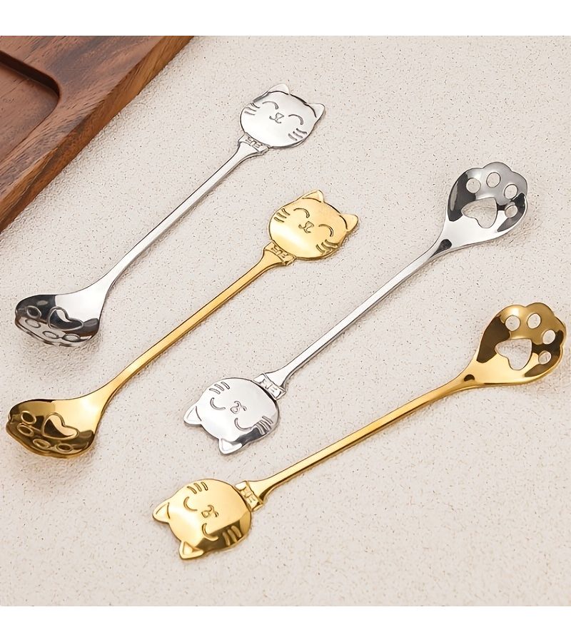 8 Pieces Golden Stainless Steel Coffee Spoon Set Creative Cat Paw Scoop And Slotted Spoon Tea Spoon Dessert Spoon Wedding Favors High End Tableware Suitable For Valentine Thanksgiving Christmas New Year High End Restaurants - Image 5