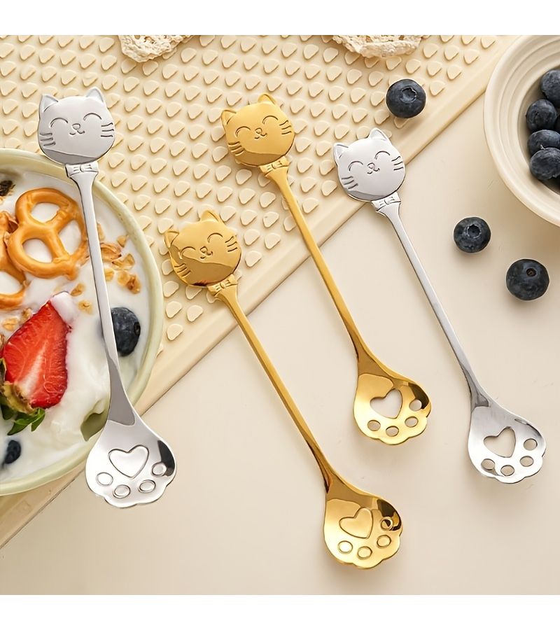 8 Pieces Golden Stainless Steel Coffee Spoon Set Creative Cat Paw Scoop And Slotted Spoon Tea Spoon Dessert Spoon Wedding Favors High End Tableware Suitable For Valentine Thanksgiving Christmas New Year High End Restaurants - Image 2