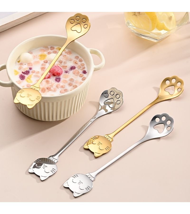 8 Pieces Golden Stainless Steel Coffee Spoon Set Creative Cat Paw Scoop And Slotted Spoon Tea Spoon Dessert Spoon Wedding Favors High End Tableware Suitable For Valentine Thanksgiving Christmas New Year High End Restaurants - Image 4