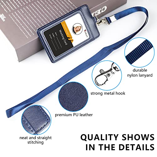 Teskyer Badge Holder with Lanyard, Leather ID Name Badge Card Holder with Lanyard for ID Badges, Vertical Blue - Image 3