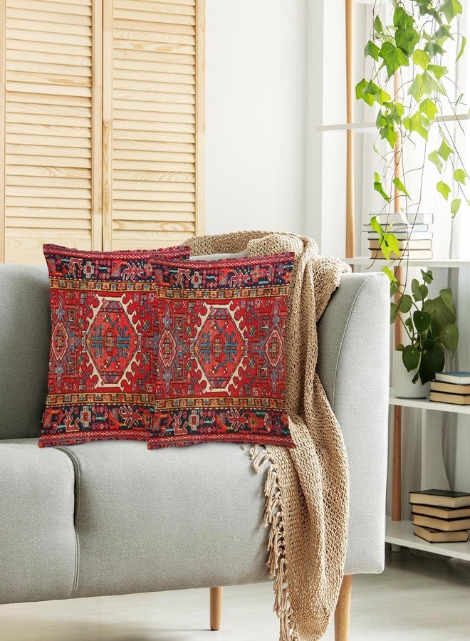 Swono Pillow Covers 18X18 Inch Set of 2 Turkish Carpet, Throw Pillow Cases Boho Tribal Geometric Paisley Floral Pillowcase Cushion Cover Decorative for Outdoor Home Sofa Bedroom Livingroom, Red - Image 2