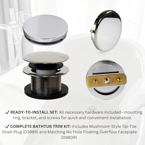Westbrass D398RK-05 1-1/2" NPSM Coarse Thread Mushroom Tip-Toe Bathtub Drain Stopper with Illusionary Overflow Faceplate, Polished Nickel - Image 4