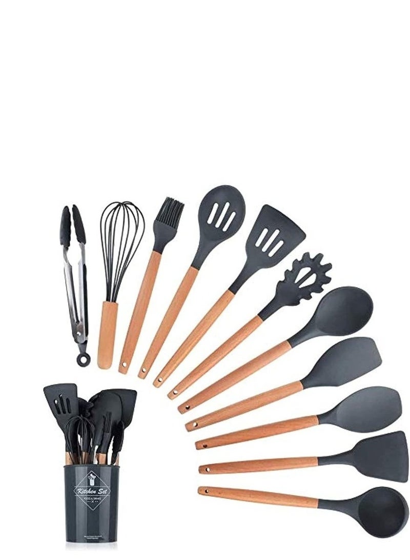Quantum Bay Kitchen Utensil Set, 12-Piece Silicone Cooking Utensils with Wooden Handles, Heat-Resistant Kitchen Tools, Safe for Nonstick Cookware, Spatula and Spoon Set, Metal Holder Included, Assorted Colors  - Image 1