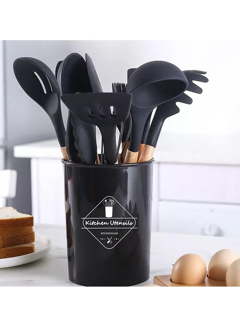 Quantum Bay Kitchen Utensil Set, 12-Piece Silicone Cooking Utensils with Wooden Handles, Heat-Resistant Kitchen Tools, Safe for Nonstick Cookware, Spatula and Spoon Set, Metal Holder Included, Assorted Colors  - Image 2