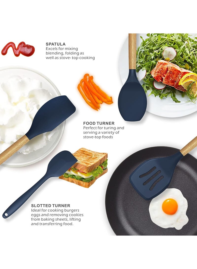 Quantum Bay Kitchen Utensil Set, 12-Piece Silicone Cooking Utensils with Wooden Handles, Heat-Resistant Kitchen Tools, Safe for Nonstick Cookware, Spatula and Spoon Set, Metal Holder Included, Assorted Colors  - Image 3