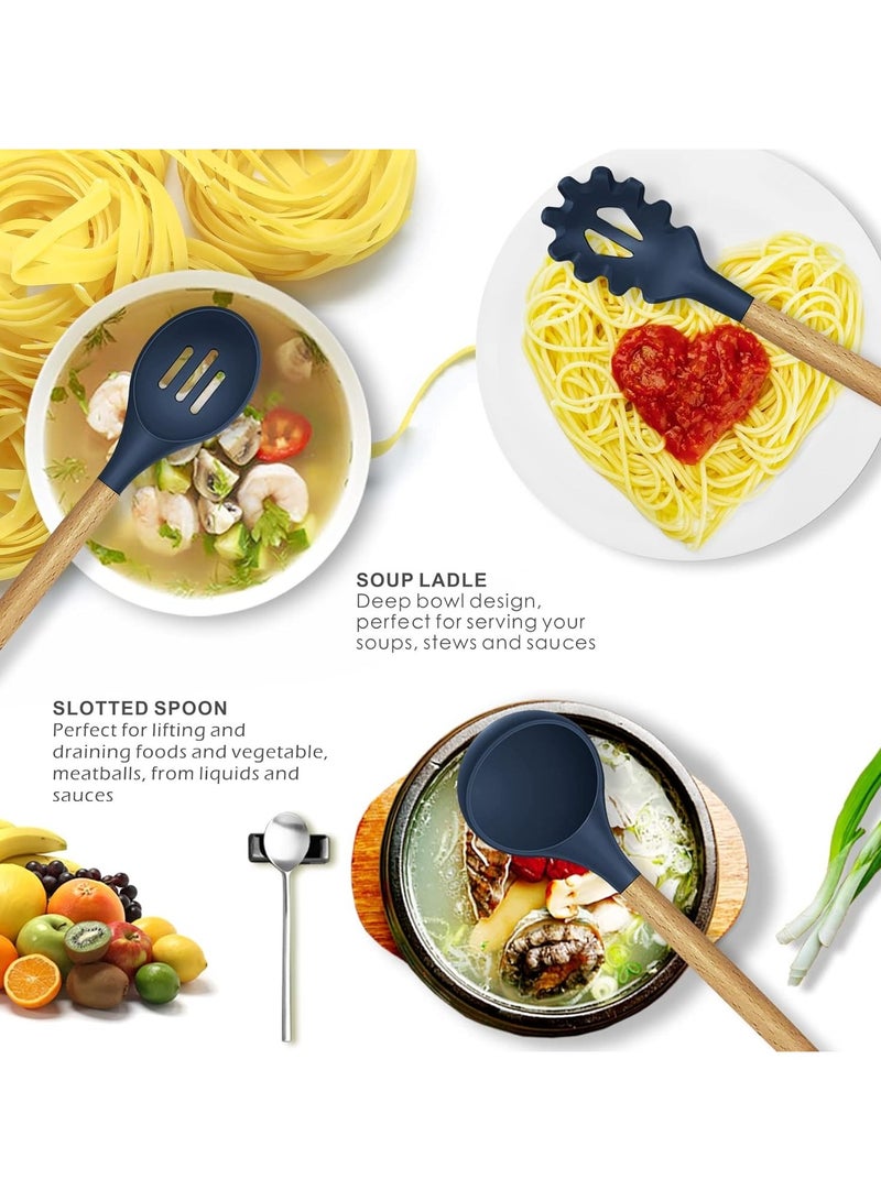 Quantum Bay Kitchen Utensil Set, 12-Piece Silicone Cooking Utensils with Wooden Handles, Heat-Resistant Kitchen Tools, Safe for Nonstick Cookware, Spatula and Spoon Set, Metal Holder Included, Assorted Colors  - Image 4