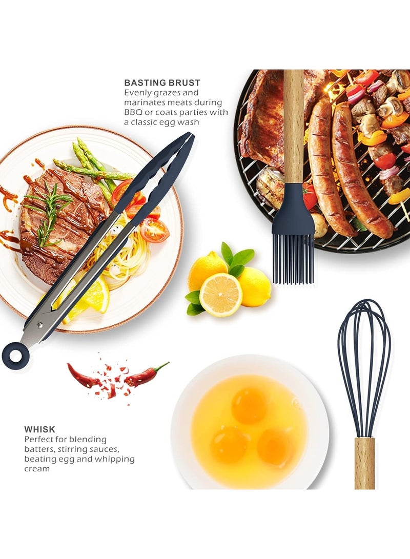 Quantum Bay Kitchen Utensil Set, 12-Piece Silicone Cooking Utensils with Wooden Handles, Heat-Resistant Kitchen Tools, Safe for Nonstick Cookware, Spatula and Spoon Set, Metal Holder Included, Assorted Colors  - Image 5