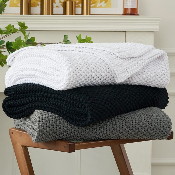 CHUNKY CABLE KNIT THROW BLANKET LIGHTWEIGHT BLACK 100 ORGANIC COTTON BLANKET FOR SOFA COUCH BED BABY NURSERY RUSTIC SHABBY CHIC MODERN FARMHOUSE 51 X 63 GIVE LAUNDERING BAG