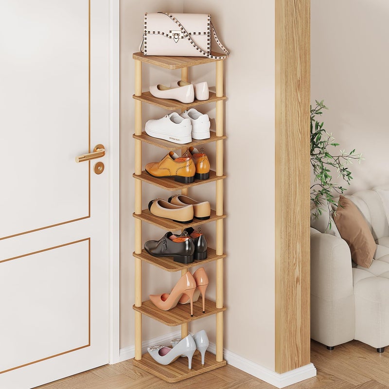 LUCKNOCK Vertical Shoe Rack 8Tier Tall Narrow Shoe Organizer for Entryway Closet Dorm Small Spaces Freestanding Wooden Shoe Shelf Tower for Boots Sneakers Heels Walnut