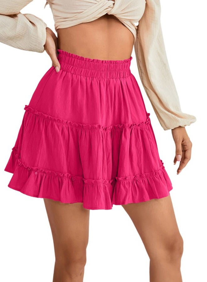 LYANER Women Elastic High Waist Pleated Casual Layer Ruffle Hem Flowy A Line Short Skirt, Rose2, M - Image 4