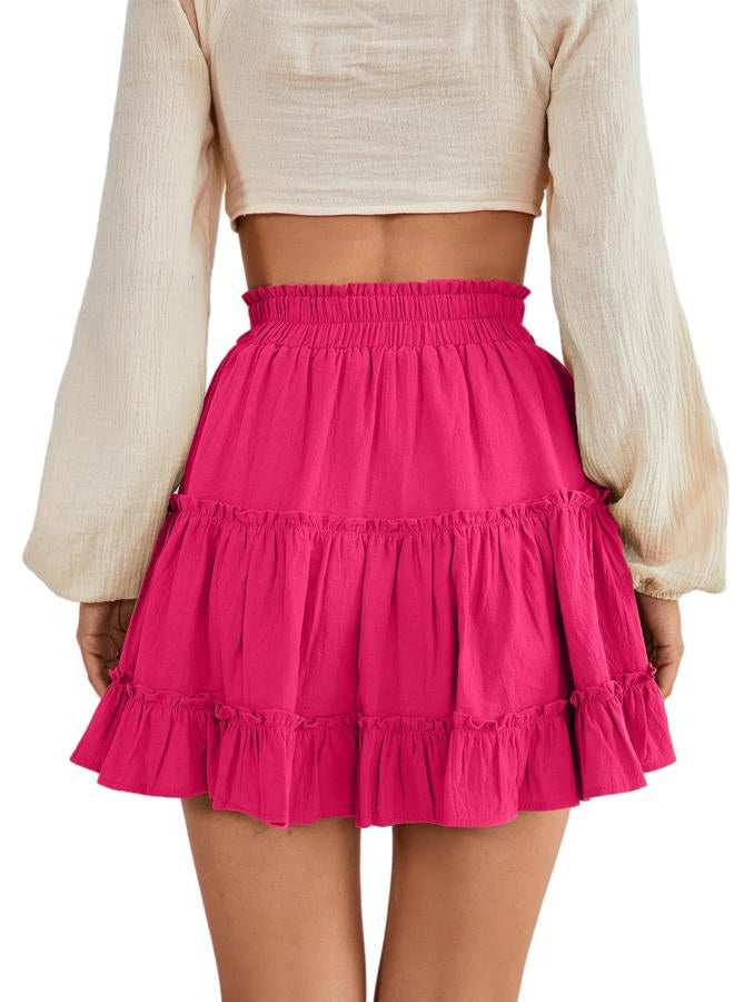LYANER Women Elastic High Waist Pleated Casual Layer Ruffle Hem Flowy A Line Short Skirt, Rose2, M - Image 2