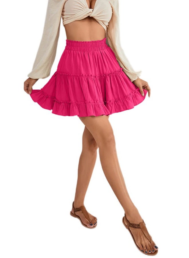 LYANER Women Elastic High Waist Pleated Casual Layer Ruffle Hem Flowy A Line Short Skirt, Rose2, M - Image 5