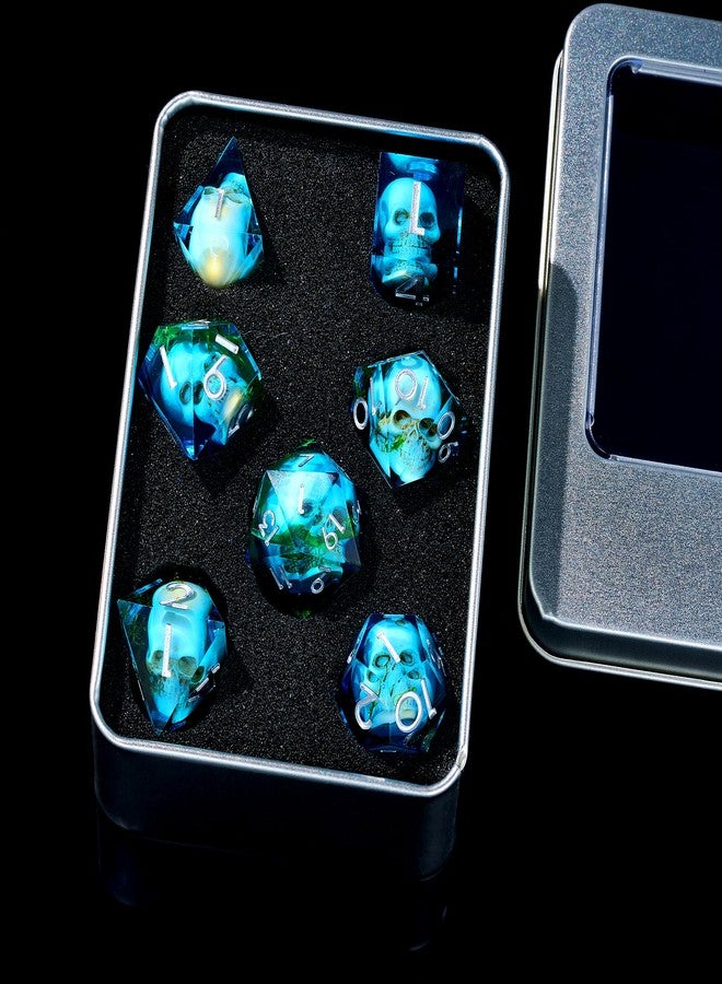 Froggod Blue Moss & Skull DND Dice Set with Gift Box for DND RPG, 7Pcs - Image 2