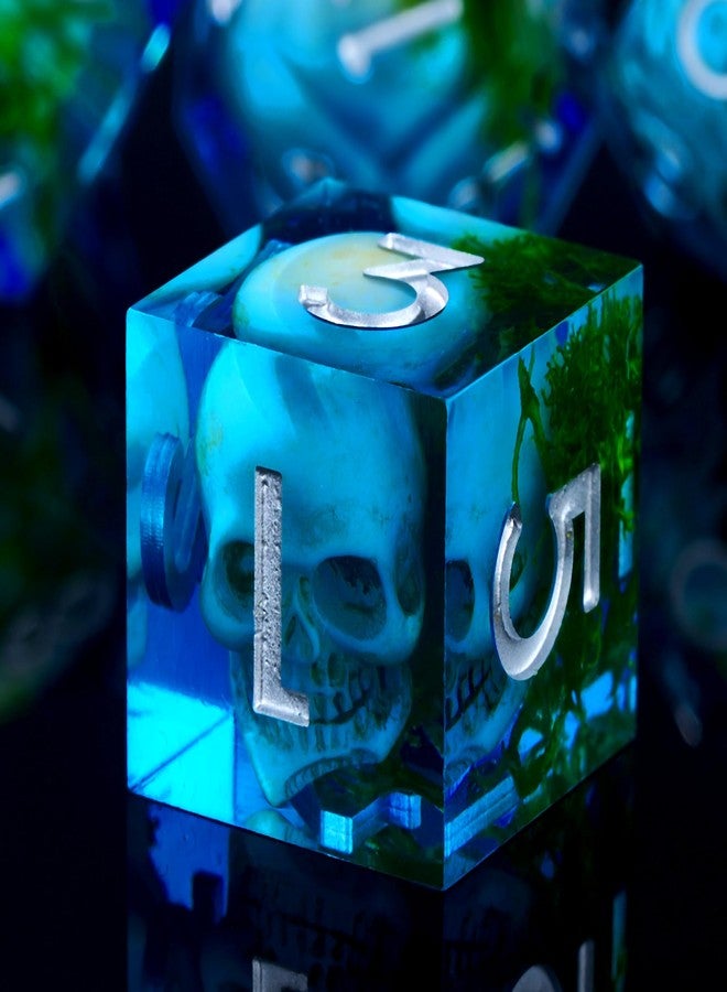 Froggod Blue Moss & Skull DND Dice Set with Gift Box for DND RPG, 7Pcs - Image 1
