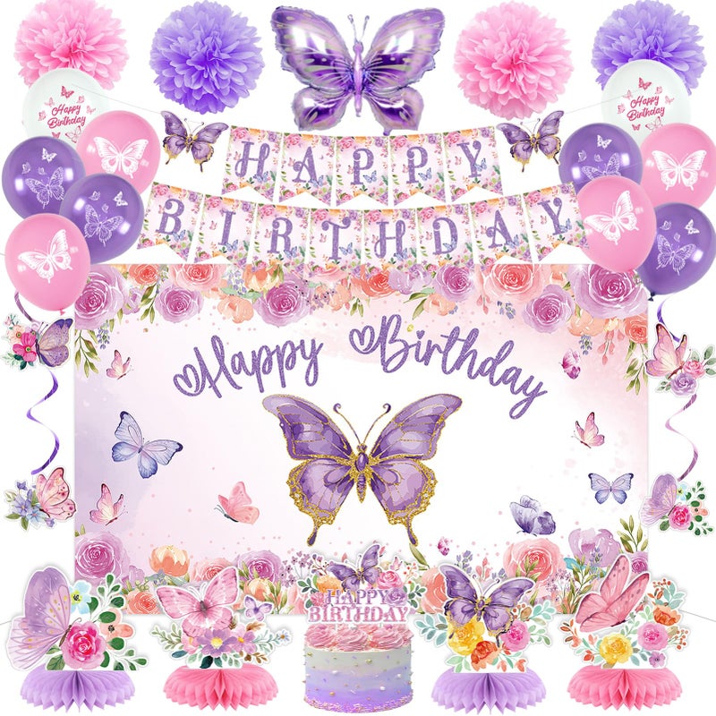 Roetyce Butterfly Decorations, 37PCS Happy Birthday Banner Balloons Honeycomb Centerpieces Cake Topper Kit, Purple and Pink Party Decorations - Image 1
