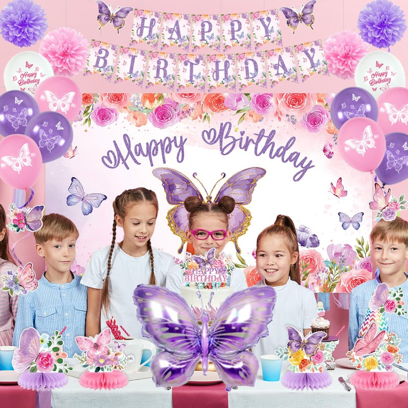 Roetyce Butterfly Decorations, 37PCS Happy Birthday Banner Balloons Honeycomb Centerpieces Cake Topper Kit, Purple and Pink Party Decorations - Image 3