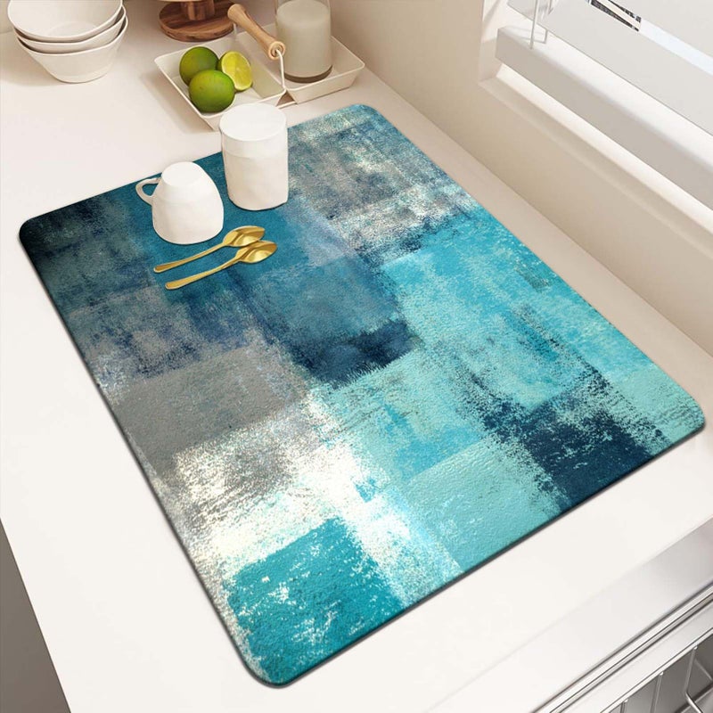 MCALK Turquoise Dish Drying Mat for Kitchen Counter, Teal Dish Drying Pad with Anti-Slip Rubber Base, Absorbent Kitchen Sink Mat with Abstract Art Decor (1 pc 18" x 16") - Image 1